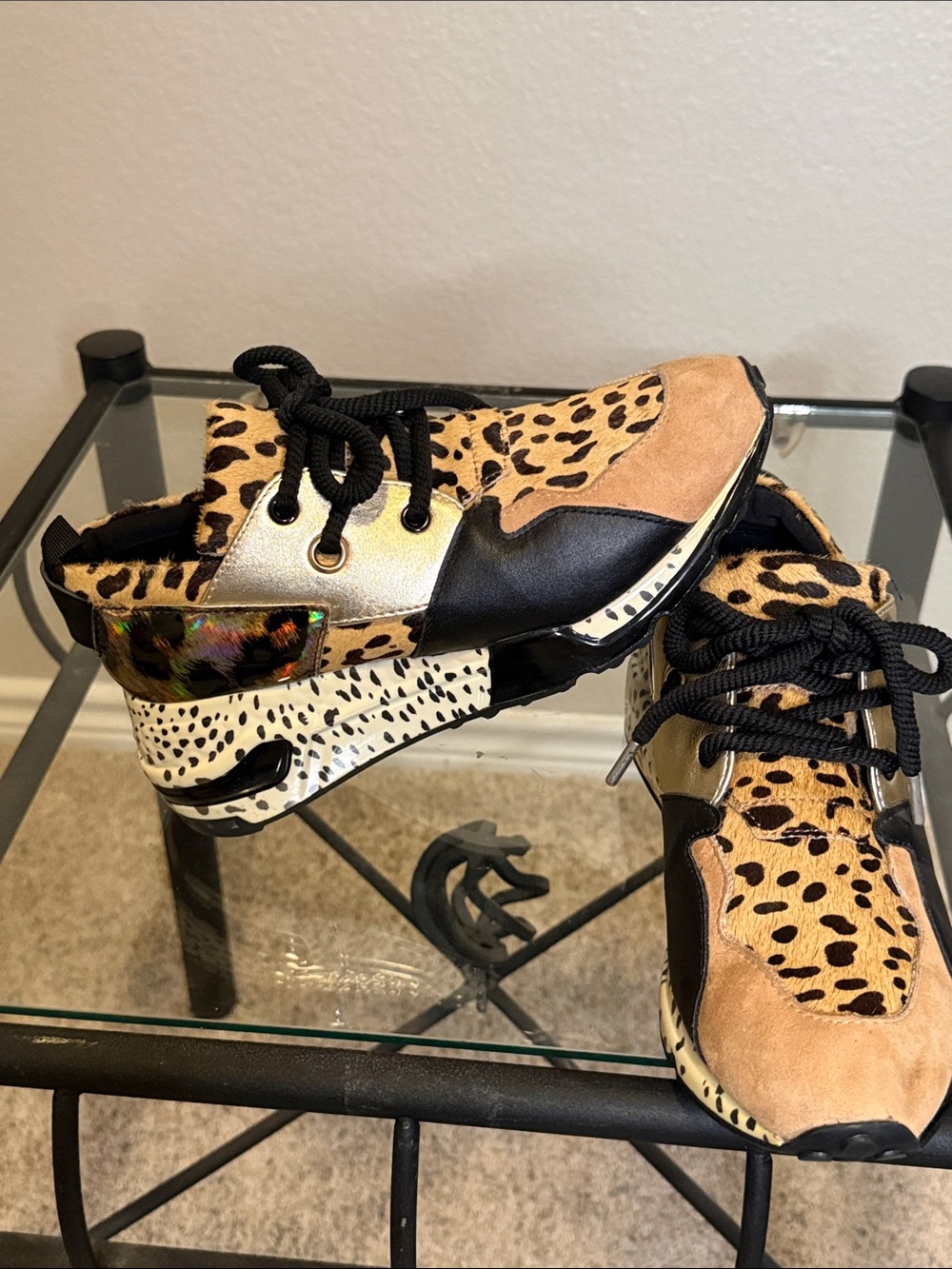 Steve Madden Calf Hair Leopard & Gold Mixed-Media Platform Sneakers Sz 7.5 - Picture 7 of 7